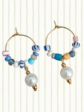 Handmade Gold Hoop Bead Earrings with Pearl Drops - Blue, White, Pink Accents